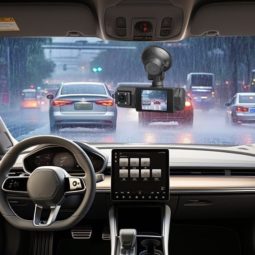 Câmera com tela e suporte de ventosa instalada no carro em um dia de chuva